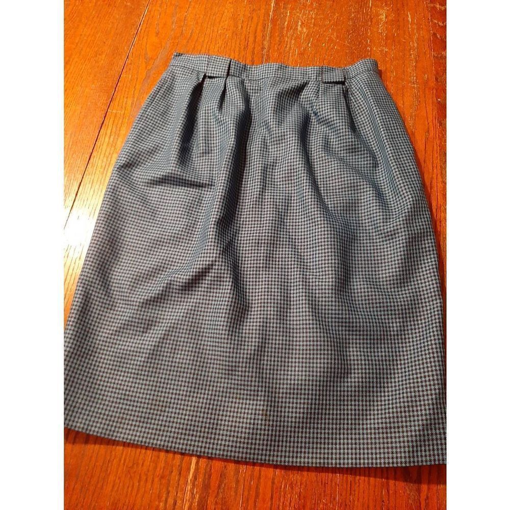 Sz 12 Liz Claiborne Collection Teal Black Check Wool Midi Skirt Lined Rear Slit